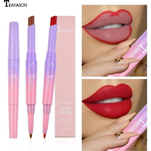 Batom fosco labial liner 2 em 1 maquiagem prova dwaterproofnude labial forro caneta vermelho batom matiz