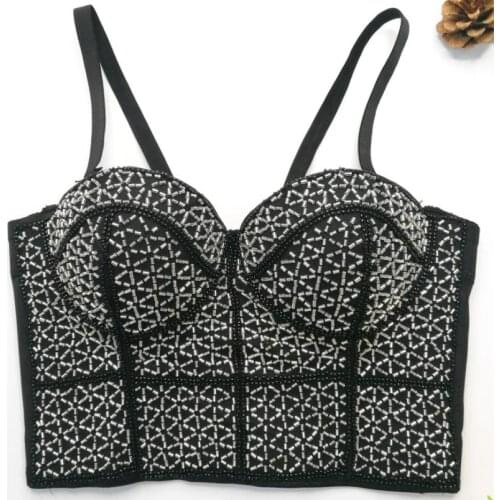 Sexy Black Corset Beading Camisole Women Backless Fashion Bustier Crop Top Festival Clothing Gathered Push up Bra Tank Tops