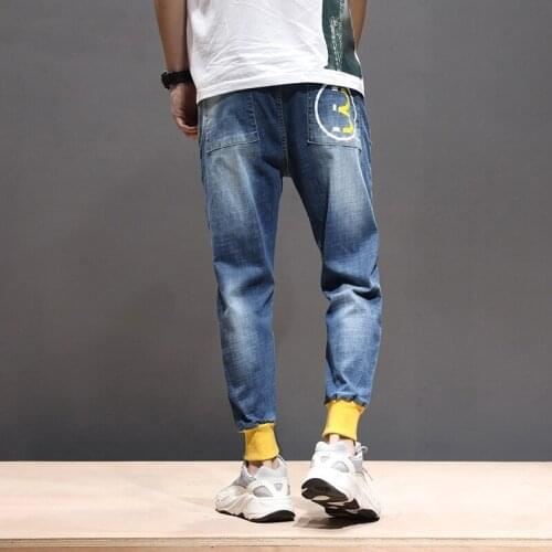 Spring Autumn Mens Stretch Vintage Harem Denim Pants Frayed Pocekts Print Patchwork Jogging pants Plus Size Male Loose Jeans