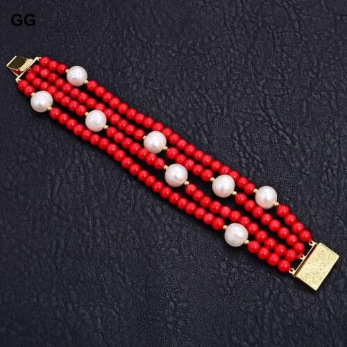 GuaiGuai Jewelry 8'' 4 Rows 10mm White Round Pearl 6mm Round Red Coral Bracelet For Women Fashion Jewelry