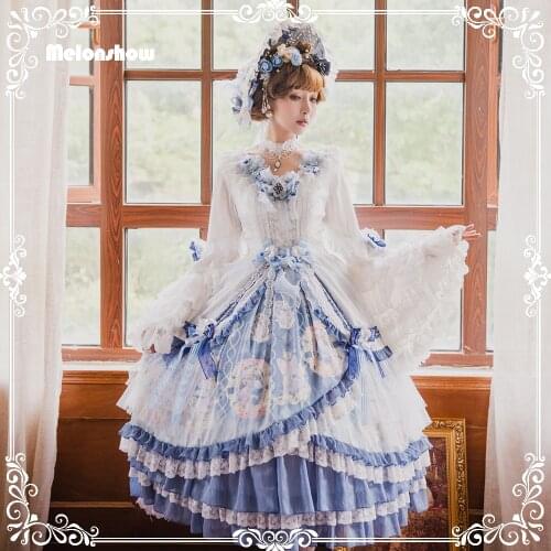 Melonshow Lolita Dress Plus Size Women White Blue Classic Lolita Skirt OP Victorian Vintage Woman Dresses Loli Ladies Clothing