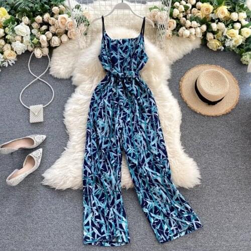 Suspender Jumpsuit Vintage Fashion Printed V-neck Halter Sleeveless Waist Hugging Lace-up Wide Leg Holiday Style