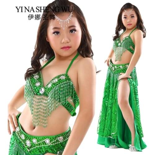 Girls Children Dance Costumes Set Professional Belly Dance Set New Beaded Bra Belt Sequins Skirt Kids Performance Dance Costume
