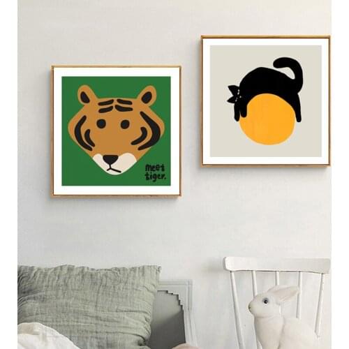 Modeling Unique style tiger black cat cartoon Animal Abstract Canvas Painting Wall Art Poster Print Baby Bedroom Decoration