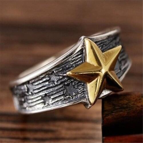 Vintage Style Mens Star Silver Color Ring Domineering Male Trend Ring Accessories Hip Hop Punk Jewelry