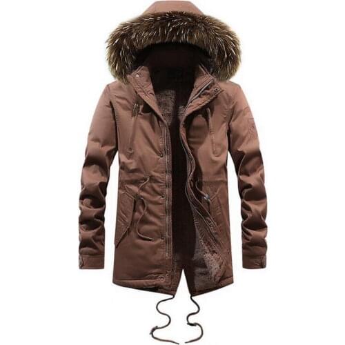 Men Winter Coat Long Fur Collar Hooded Jacket Men Outdoor Warm Thick Fleece Pockets Parkas Military camouflage fur collar Parkas