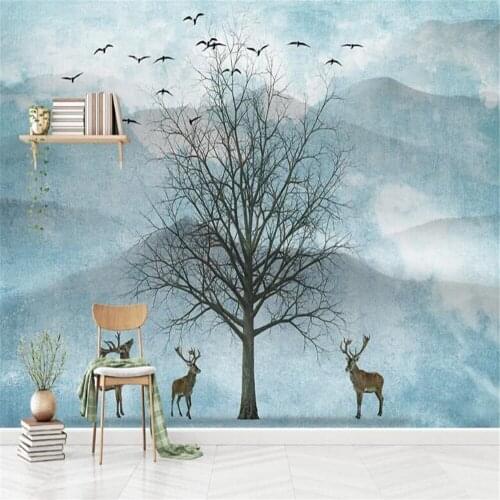 Milofi custom wallpaper mural 3D nordic big tree cloud elk bird sofa background wall
