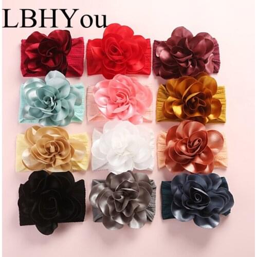 2020 New Big Flowers Girls Nylon Headbands Handmade Cable Knit Bows Hairbands 5inche Silk Floal Wide Headwraps
