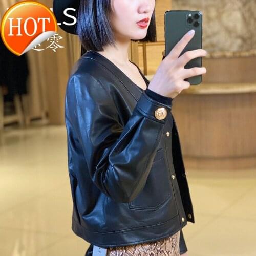 2021new autumn sheep leather jacket short round neck buckle leather coat fashionable and versatile