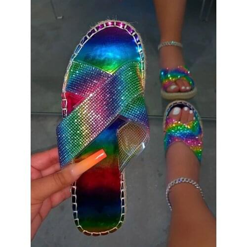 Summer Rhinestone Rainbow Shoes Fashion Open Toe Flat Sandals Outdoor Casual Womens Shoes Beach Slippers Plus Size