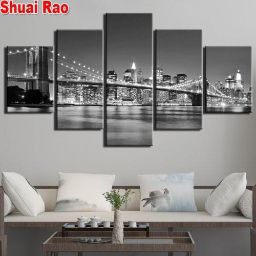 Modern 5 panels New York City Brooklyn Bridge,Crystal Paintings Diamond Embroidery Full round 5d Diy diamond painting landscape