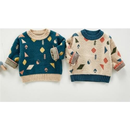 Geometric pattern boys and girls sweaters fall/winter artificial mink fleece pullovers sweaters for baby outer wear