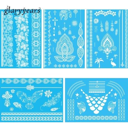 5 Sheets Temporary Tattoo Sticker White Bracelet Chain Flower Jewelry Decal Fake Butterfly Owl Peacock Feathers Tattoo Beach Bar