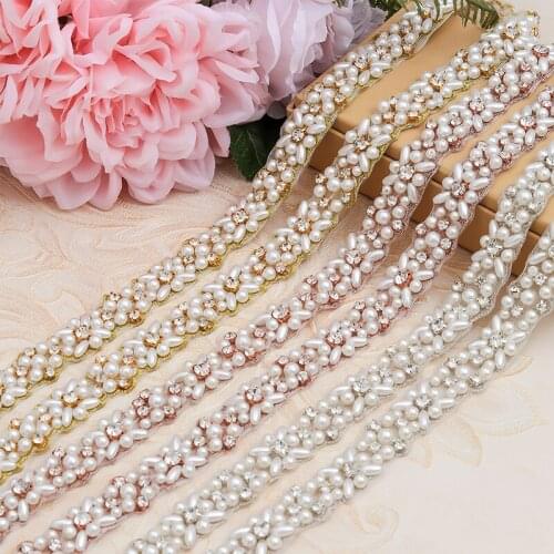 YANSTAR Pearls Crystal Appliques Handmade 10 Yards Rhinestones Appliques Trim For Wedding Dress Belt YS803