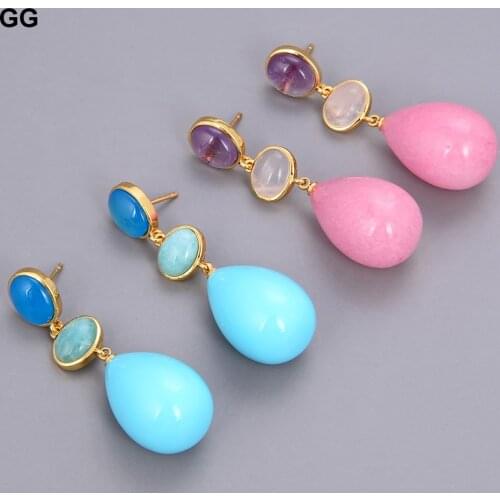 GuaiGuai Jewelry Natural Gems Teardrop Amethyst Amazonites Agates Jade Quartzs Aventurine Dangle Stud Earrings For Women