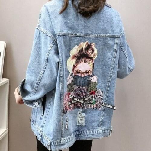 Women Beauty Printed Denim Hole Loose Jacket Srping Autumn Long Sleeve Outwear Streetwear Letter Stylish Chic Ripped Jean coat