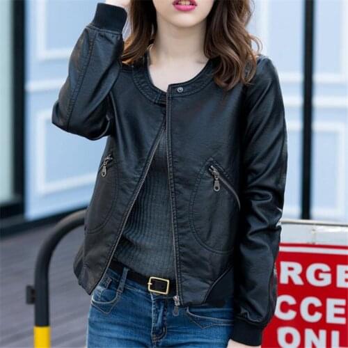 Women PU Leather Jacket Fashion Spring Autumn Zipper O-Neck Coat Slim Short Coats Motorcycle Outerwear Tops Plus Size 4XL AB733