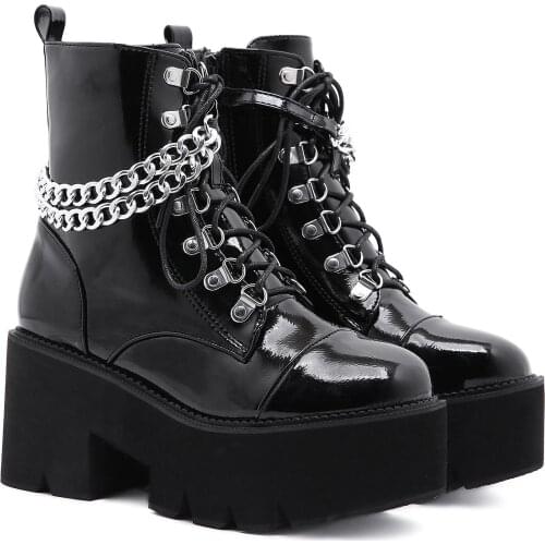 Termainoov Women Boots Plaform Boot High Heels Chain Lace Up Ankle Boot Short Parent Leather Winter Fahion Boot Booties