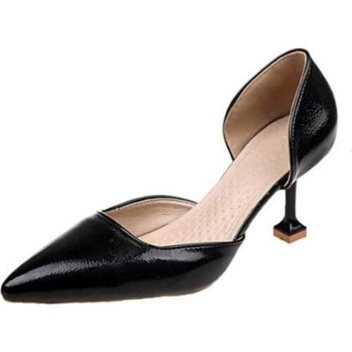Women Pumps Brand Dress Sexy Party Thin High Heels Black PU Slip On 7.5CM Pointed Toe Office & Career Shallow Women Shoes 2020
