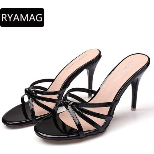 RYAMAG Big Size 41 Women Patent Leather Pumps Silk Satin Pointy Toe Crystal High Heels Shoes Slip on Women Wedding Pumps Sandal