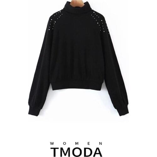 TMODA1058 Za Women 2021 Spring Fashion Rivets Appliques Knitted Sweater Vintage High Neck Long Sleeve Female Pullovers Chic Tops