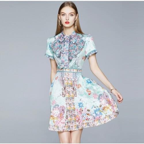 Banulin Fashion Runway Summer Dress 2020 Womens Lace Up Bow Ruffles Neck Female Elegant Holiday Sweet Mini Dresses