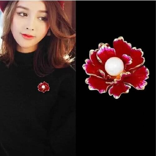 Red Peony Brooches Imitation Pearl Flower Brooch Pin For Women Lady Wedding Accessories Party Casual Brooch Pins Gifts