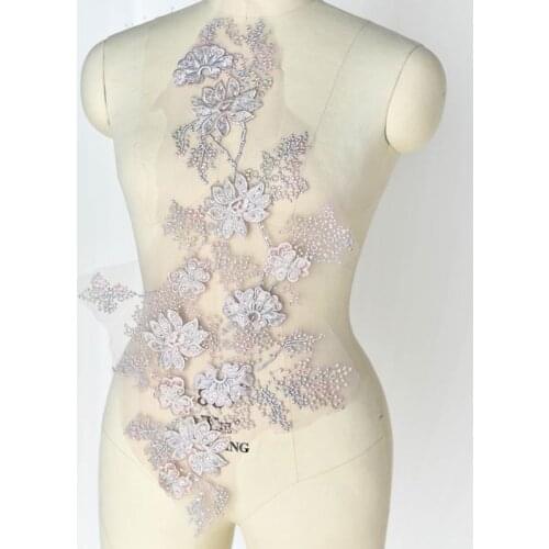 Handmade Beads 3D Wedding Dress Applique with Rhinestone DIY Bridal Headdress Pink Purple Lace Collar Lace Fabric Patch