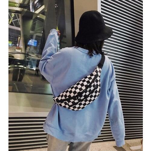 Checkerboard black and white Lattice Waist Bag Women 2021 New Fashion Messenger Small bag Canvas Chest Bag Double Zipper Bag