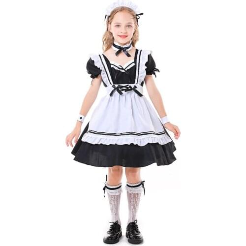 Black And White Girls Maid Cosplay Kids Children Halloween Housekeeper Costume Carnival Purim Parade Stage Role Play Party Dress