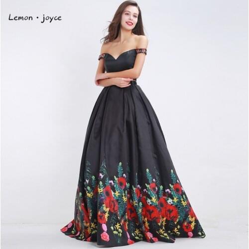 Black Floral Print Prom Dresses 2020 Two Piece Boat Neck Beading Formal Floor Length Evening Dress Ball Gowns Plus Size