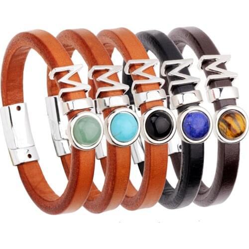 Black Brown Genuine Leather Bracelet Women Men Stainless Steel Charms Bracelet Pearl decorate Magnetic Clasp Stainless Steel