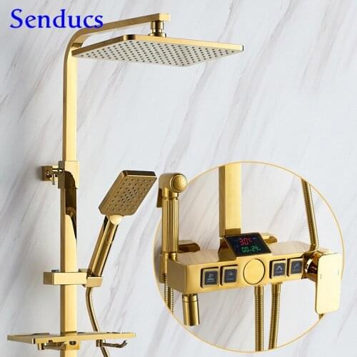 Bathroom Shower System Senducs Gold Bathroom Mixer Faucets 10 Inch Rainfall Shower Head Square Thermostatic Shower Mixer Set