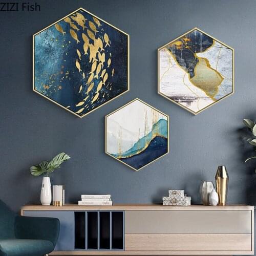 HD Inkjet Hexagon Landscape Decorative Paintings Framed Mural Crafts Hanging Picture Solid Wood Frame Painting Nordic Home Decor