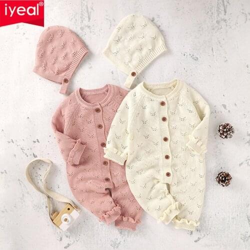 IYEAL Newborns Long Sleeve Knitted Romper Hat 2pcs Sets For Kids Clothes Girls Jumpsuit 0-2 Year Autumn Baby Boy Costume