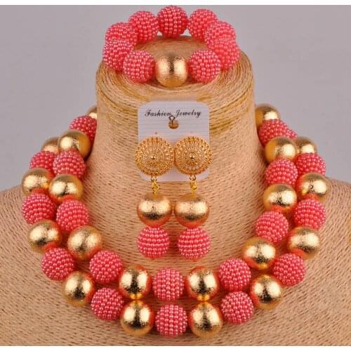 Coral pink sherbet colored african beads jewelry set simulated pearl costume necklace nigerian traditional wedding set FZZ73
