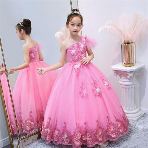 Korean Sweet Girls Kids Elegant Pink Color Birthday Wedding Party Princess Fluffy Dress Children Teens Host Ceremony Host Dress