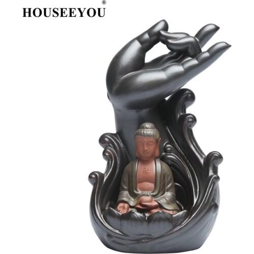 HOUSEEYOU Buddha Figure Backflow Incense Burner Ceramic Stick Incense Holder Aromatherapy Censer for Home Buddhist Temple