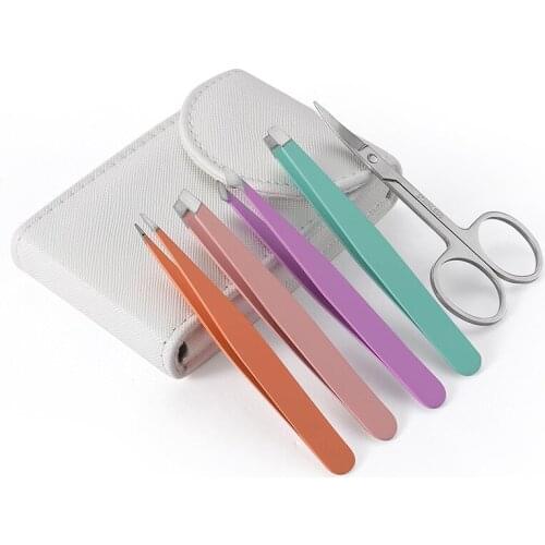 5Pcs Eyebrow Tweezers Set Professional Point Tip/Slant Tip/Flat Tip Stainless Steel Hair Removal Cosmetic Makeup Tool with Bag