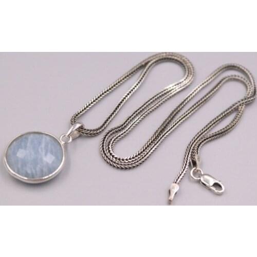 Real Silver 925 Pendant Round Aquamaine For Women Female Girl Wheat Chain Gift