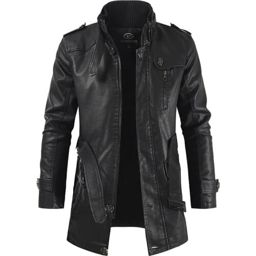 2021 new mens mid-length leather jacket with stand-up collar plus velvet large size mens belt warm and windproof PU jacket