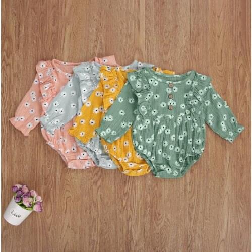 Autumn Spring Infant Girls Daisy Flower Romper Outfits Round Neck Long Sleeve Printed Overall Jumpsuits Clothes