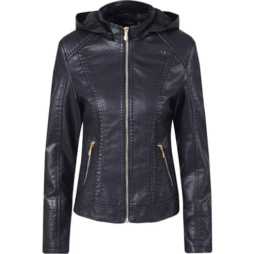 Autumn Winter Thick Warm Plush PU Faux Leather Biker Coat Women MetalZipper Casual Jackets Slim Female Hooded pure color Outwear