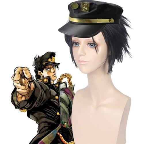 JoJos Bizarre Adventure Kujo Jotaro Kujo Cosplay Costume Accessories Wig With Hat Black Heat Resistant Synthetic Short Hair
