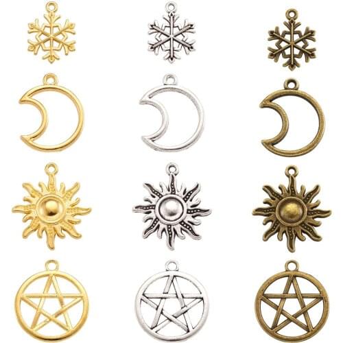 24pcs/set Tibetan Style Alloy Pendants Moon Sun Star and Snowflake, Mixed Color, 21x16x2mm, Hole: 2mm, 3colors, 8pcs/color
