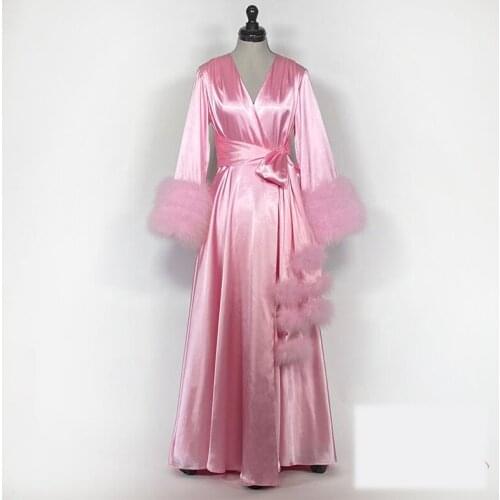 Pink Fur Maternity Dresses V Neck Satin Silk Maternity Gown for Photoshoot Boudoir Lingerie Robe Bathrobe Nightwear Babydoll