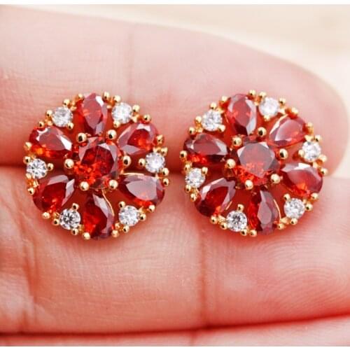 Luxury fashion Jewelry Flower Gold Earrings for womens earrings with zircon Red stone Small Stud Earrings wedding gift