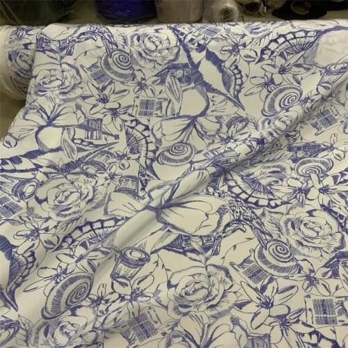 114CM Wide 22MM Blue Floral Print White Silk Crepe de Chine Fabric for Summer Dress Shirt Cheongsam Suit Pants G009