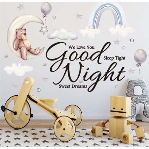 Sweet Dreams Bear Stickers For Baby Room Wall Decor Decal Letter Good Night DIY Wallpaper Crescent Rainbow Self Adhesive Murals