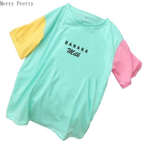 Harajuku Women T Shirt Banana Milk Letter Printed Streetwear Funny Casual Summer Tee Shirt Femme Tumblr Hipster Spell Color Tops